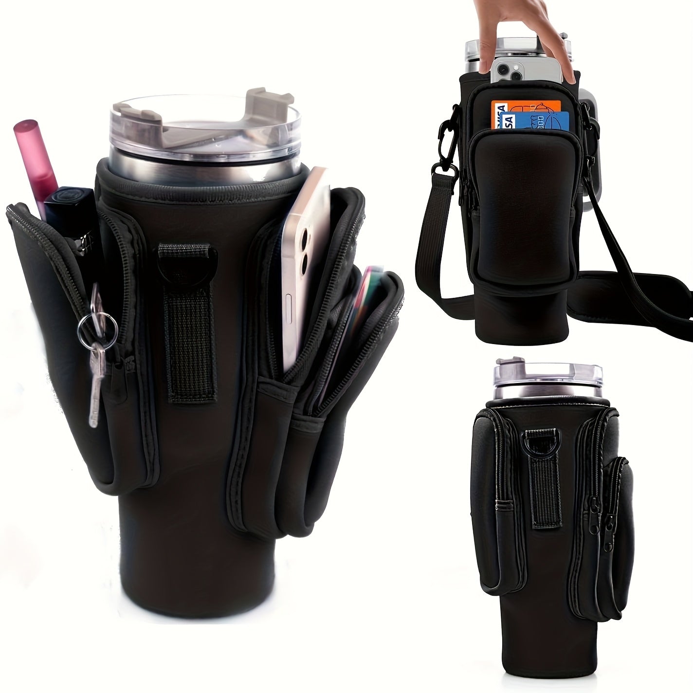 Water Bottle Carrier Bag with Silicone Sleeve 3 Pockets Large Capacity Fits 40oz 30oz Stanley Tumbler Outdoor Pouch for Camping Hiking Travel Men Women