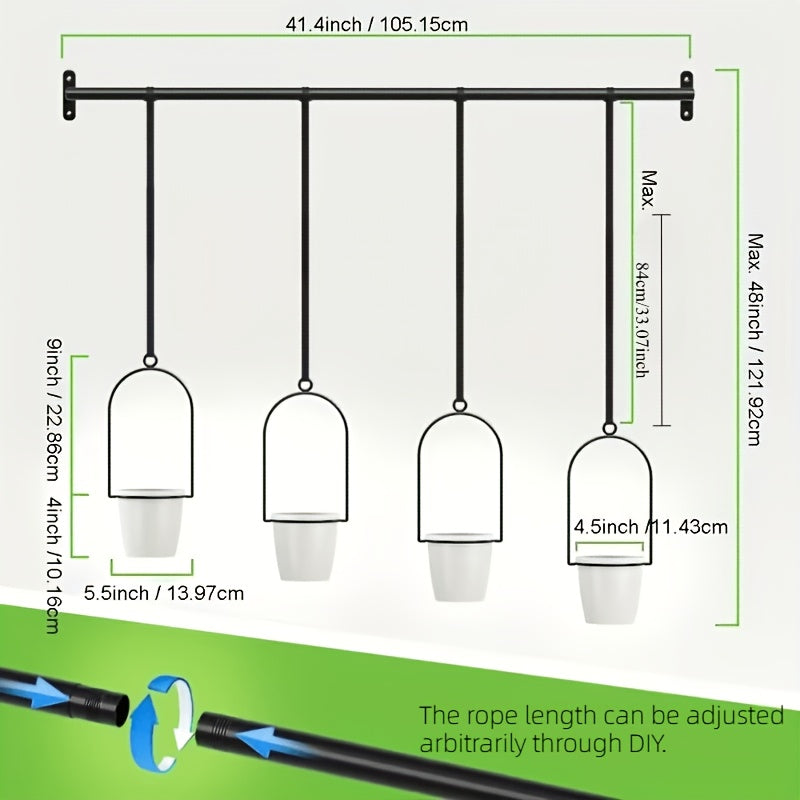 Metal Adjustable Hanging Flower Pot Set - 4 Plastic Pots & Nylon Rope Wall Plant Hanger for Indoor Window, Ceiling & Kitchen Herb Garden, Expandable 11.8"-18.1", 1 Set or 5 Pots