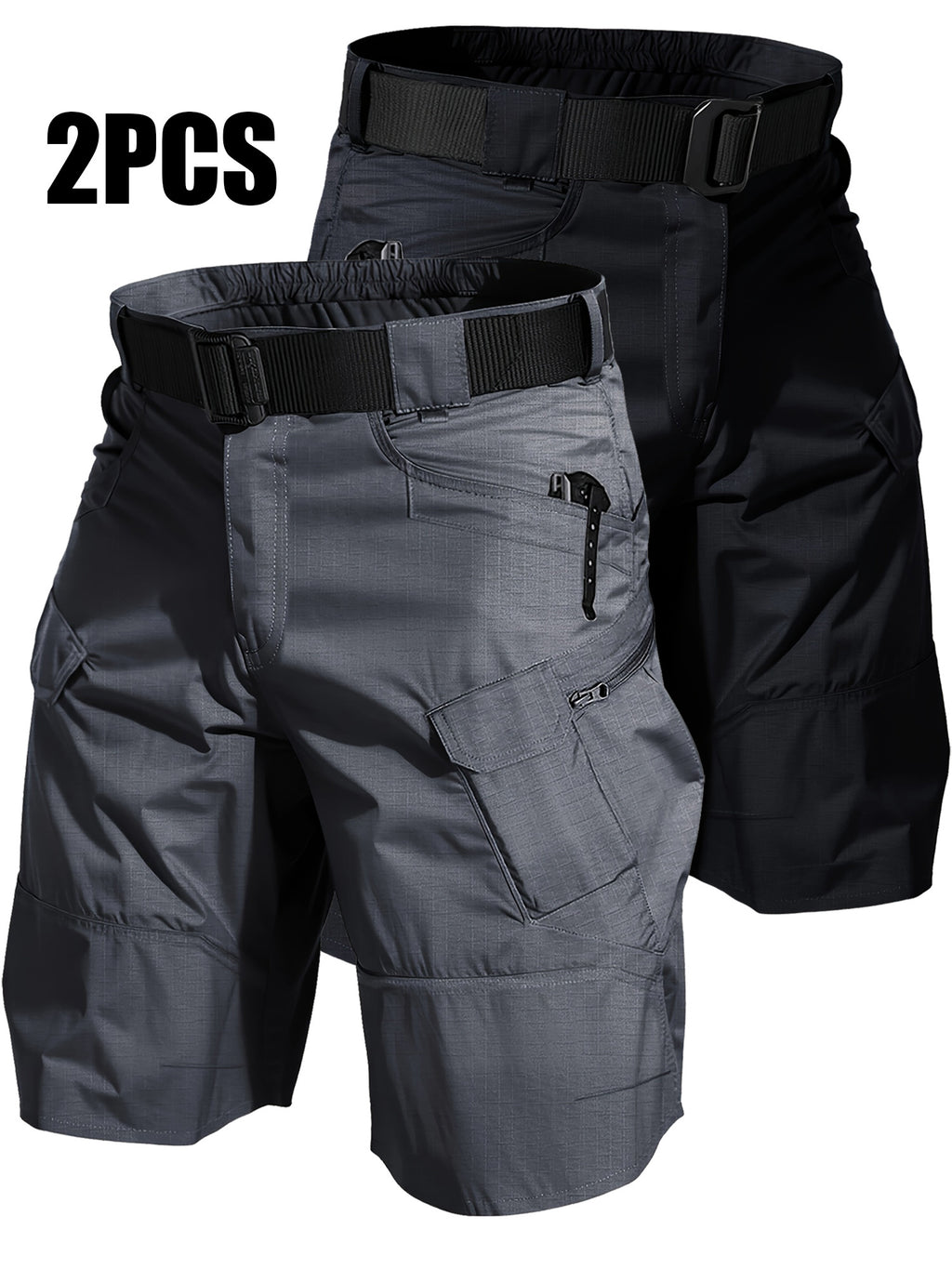 Cargo Shorts for Men 2 Pack – Multi-Pocket 100% Polyester Regular Fit Outdoor Hiking Work Casual Shorts S-XXXL (Black, Gray, Khaki, Army Green)