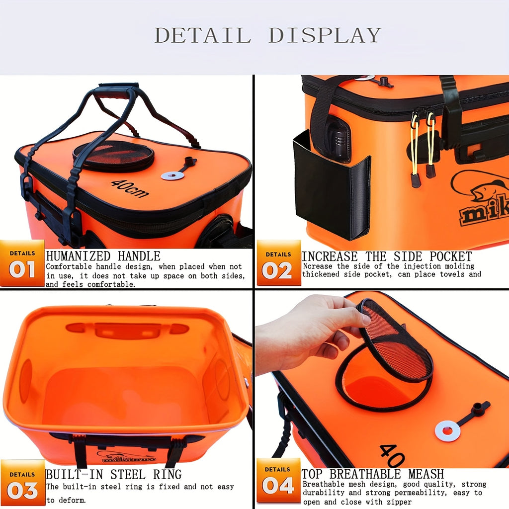 Collapsible 25L EVA Fishing Bucket with Lid – Foldable Live Fish Keeper & Bait Container for Kayak Bank Pier Fishing, Lightweight Portable Water Bucket for Camping, Orange & Blue