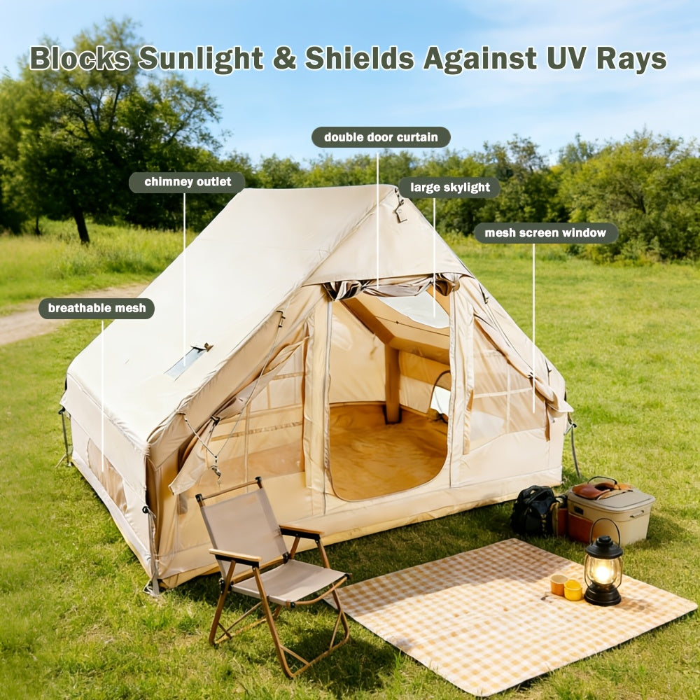 Inflatable Glamping Tent for 4-6 Person – 4-Season Large Luxury Air Tent with Optional Skylight & Stove Jack, Manual Pump Included, Windproof Family Camping Shelter (6.3-12 sqm)
