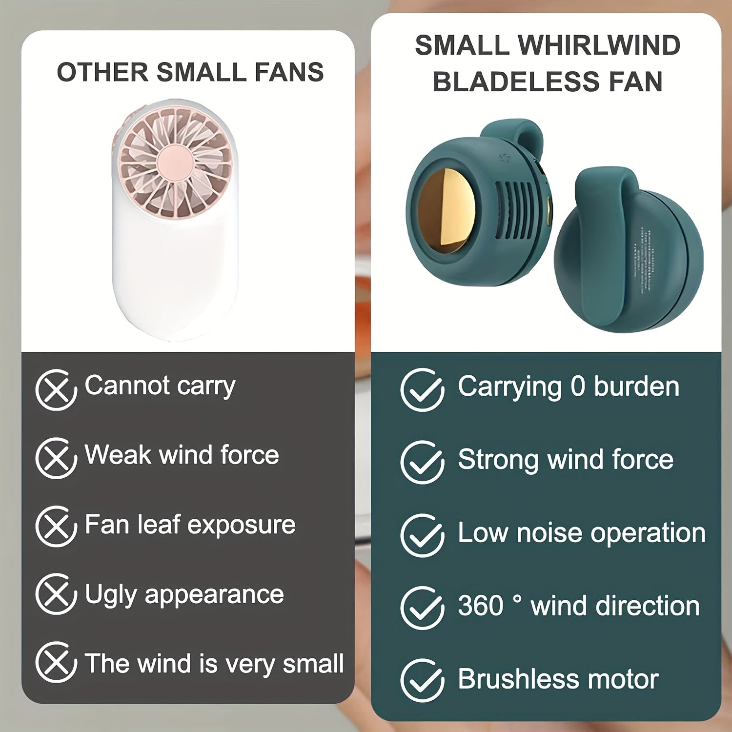Mini Clip-On Neck Fan Portable Bladeless USB Rechargeable – 3-Speed 360° Silent Cooling Fan for Hiking Camping Travel Golf Fishing Sports Outdoor White Green Pink