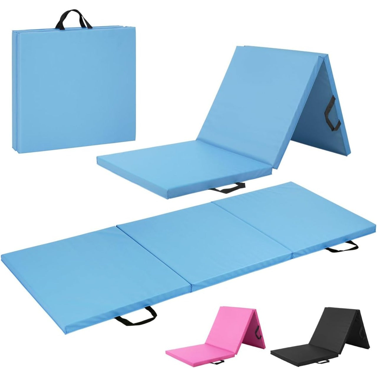 Folding Exercise Mat 1.5 Inch Thick Tri Fold Foam Gym Mat with Carrying Handles for Gymnastics Yoga MMA Martial Arts Stretching Core Workouts – Foldable Floor Mat Black Blue Pink