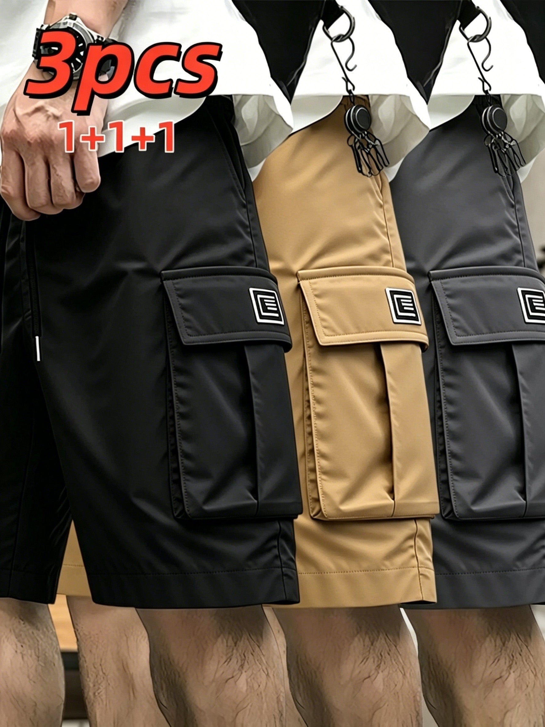 Men's Cargo Shorts 3-Pack Multi-Pocket Bermuda – Elastic Waist Drawstring Loose Knee-Length, Lightweight Breathable Outdoor Shorts for Camping Hiking Jogging Street Lounge S-XXXL