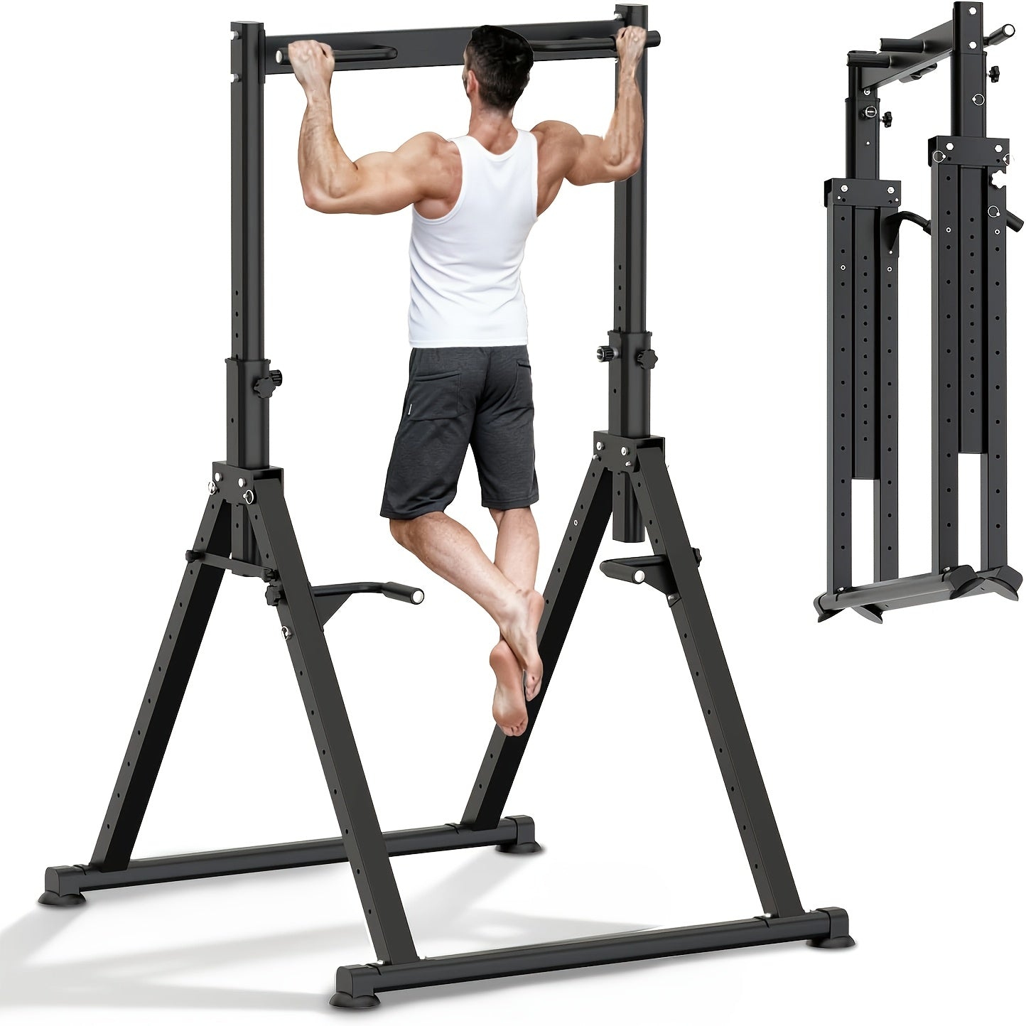 Power Tower Pull Up Bar Stand Adjustable Height 50-90 Inch 330LBS Multi-Function Dip Station Home Gym Strength Training Equipment for Pull Ups Push Ups Dips Knee Raise Men Women