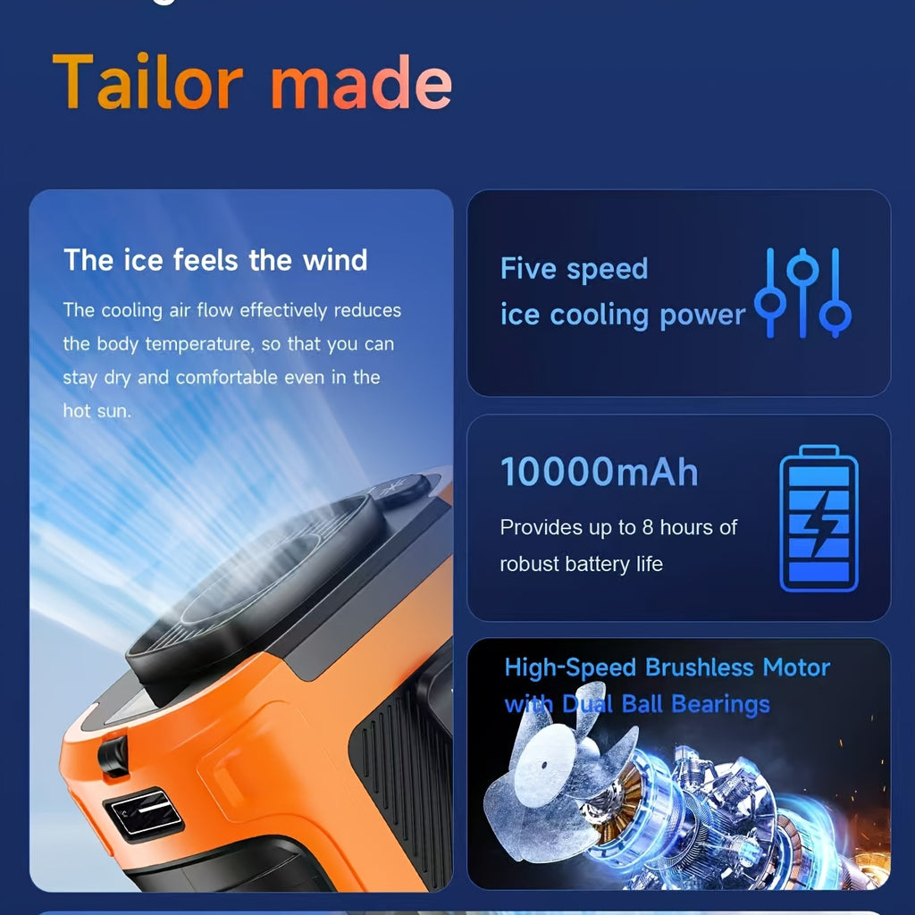 10000mAh Portable Waist Clip Fan Rechargeable Hands-Free Cooling Fan Digital Display LED Flashlight Power Bank for Outdoor Work Camping Hiking