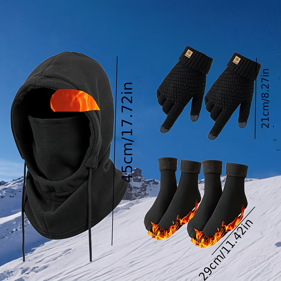 Winter Thermal Set 3 4pcs Face Mask Hat Touchscreen Gloves Fleece Socks Windproof Cold Weather Gear for Men Women – Snowboarding Hiking Ice Fishing Skiing Outdoor Winter Accessories Kit