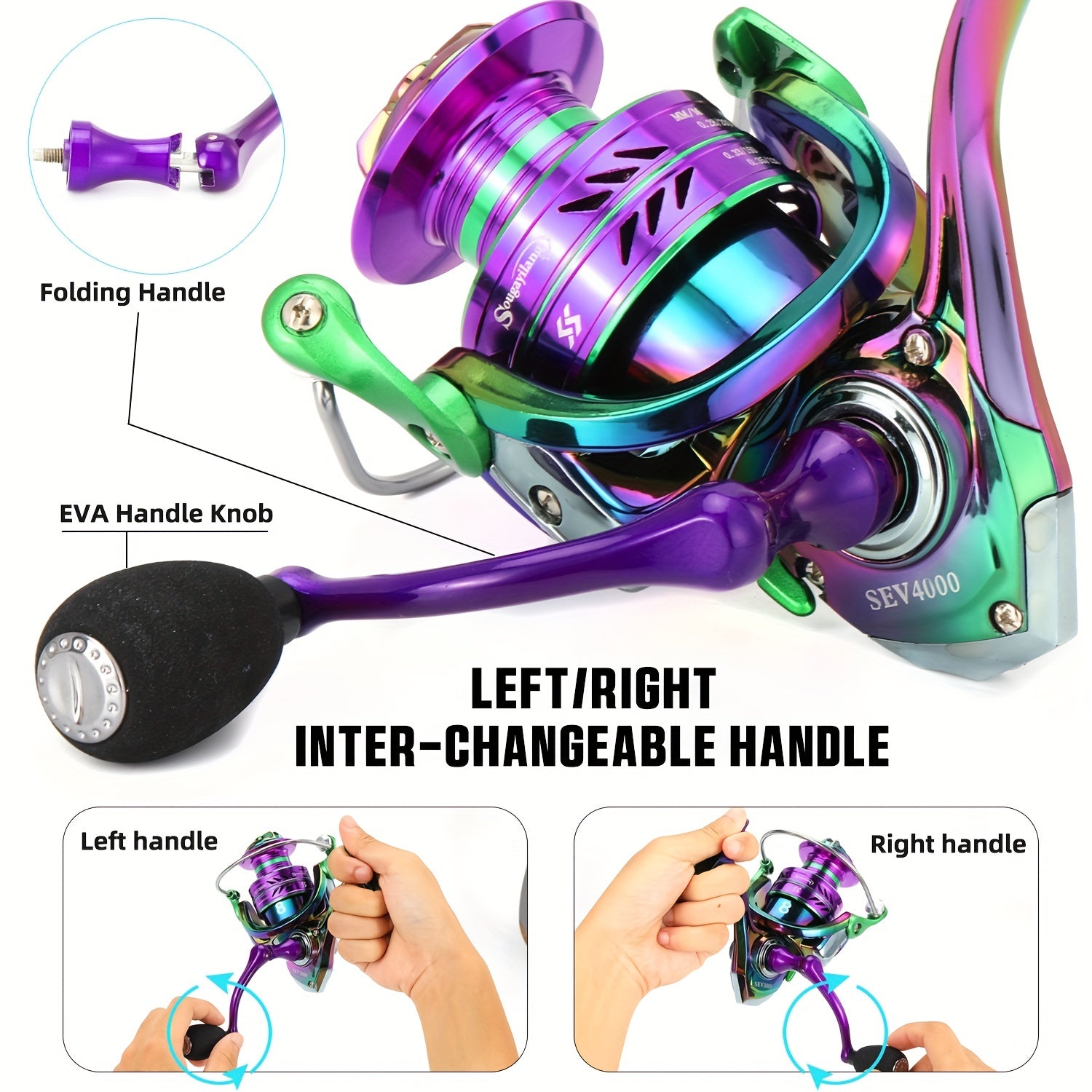 Stainless Steel Spinning Fishing Reel 5.0:1 4.7:1 Gear Ratio Screw-In Handle Lightweight Smooth for Freshwater Saltwater Sizes 1000 2000 3000 4000 5000