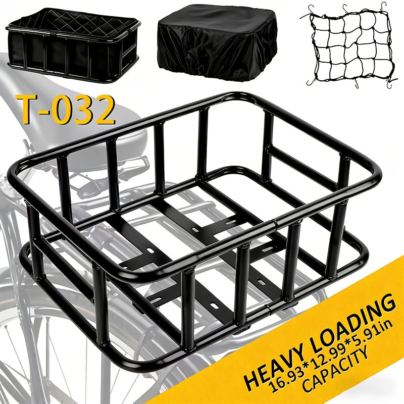 Rear Bike Basket Heavy Duty Iron Large Removable Folding, Bicycle Rear Mount Basket for Most Bikes & Ebikes, Black Frame Cargo Basket for Groceries Vegetables Pets, Commuter Cycling Accessory