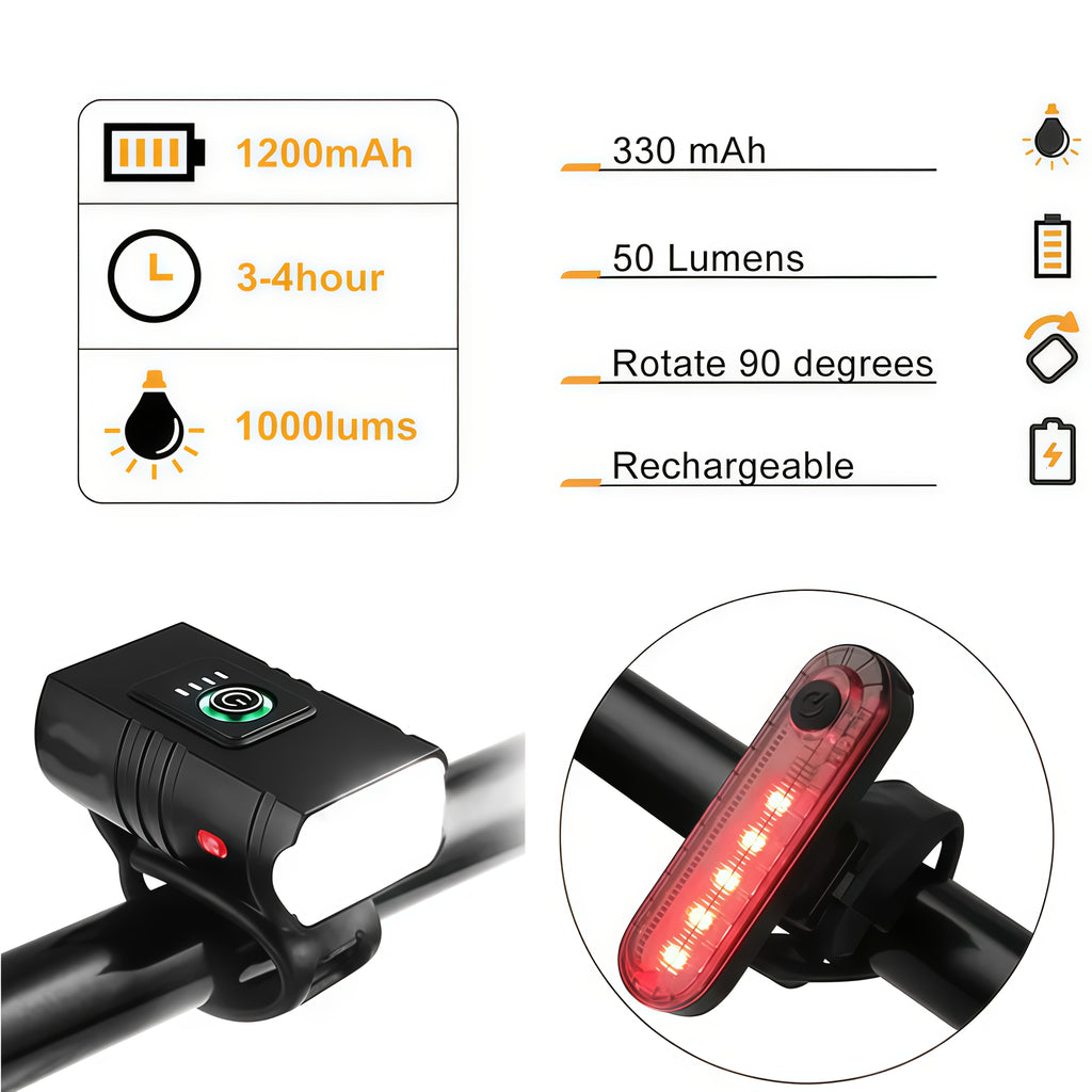 Bicycle Light Set USB Rechargeable – LED Headlight 6 Modes 180° + Taillight + Bell for Night Road Mountain Cycling Safety