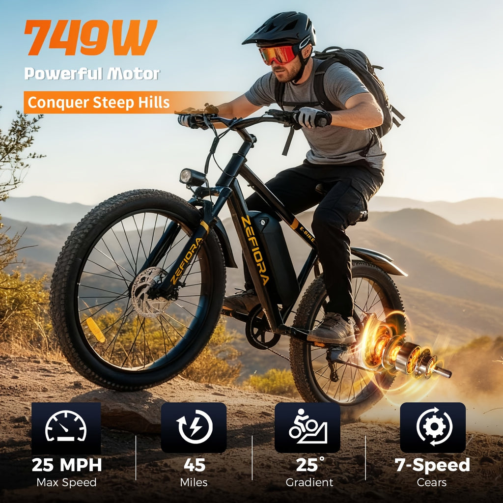 Electric Mountain Bike for Adults 26 Inch 25MPH E-Bike with 48V Removable Battery Shimano 7-Speed 3 Riding Modes Front Suspension - Electric Bicycle with Optional Lock & Phone Mount