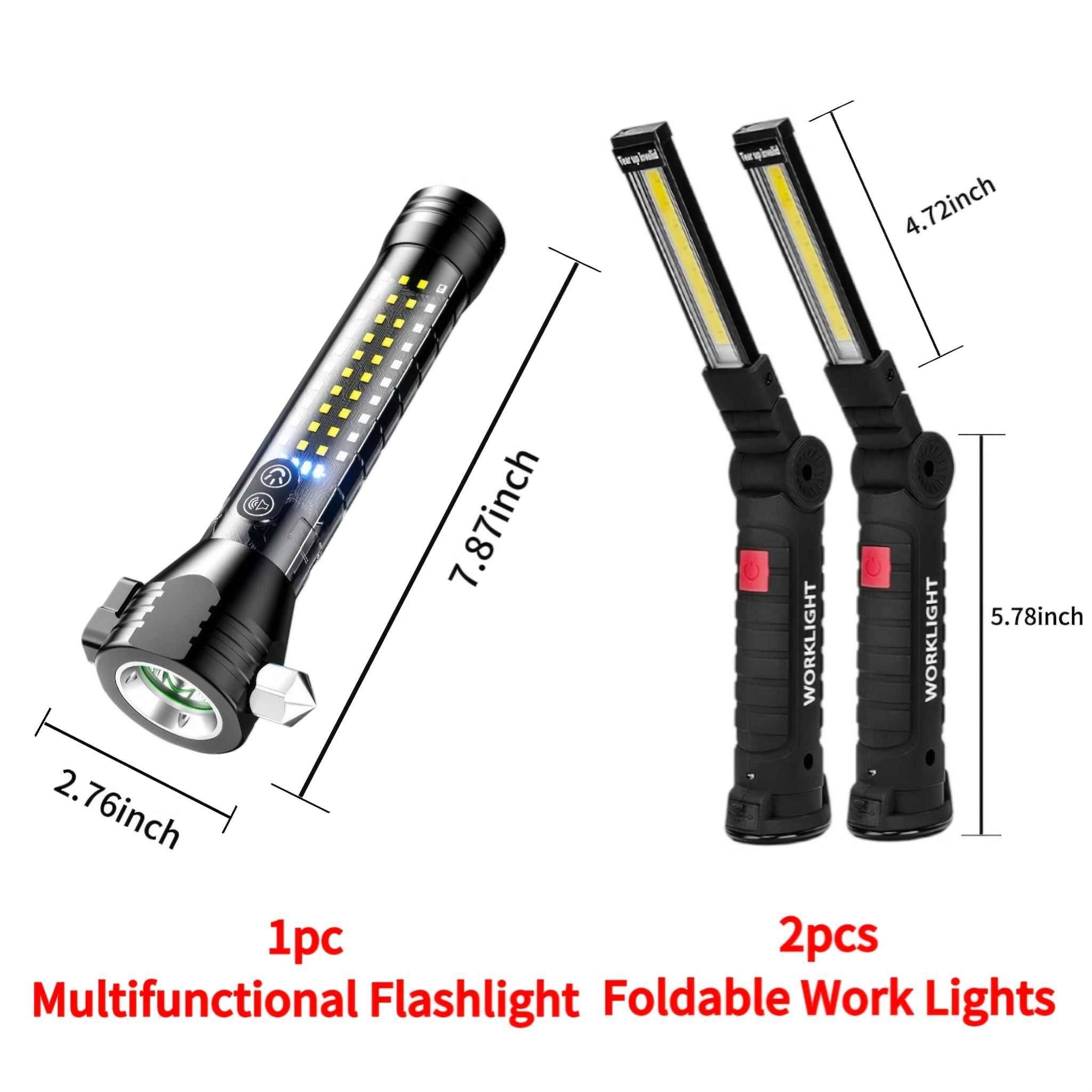 COB LED Rechargeable Work Light with Magnetic Base Multi-Pack - Portable Hanging Flashlight for Camping Garage Yard Emergency - Solar Front Mini Work Light Combo Sets
