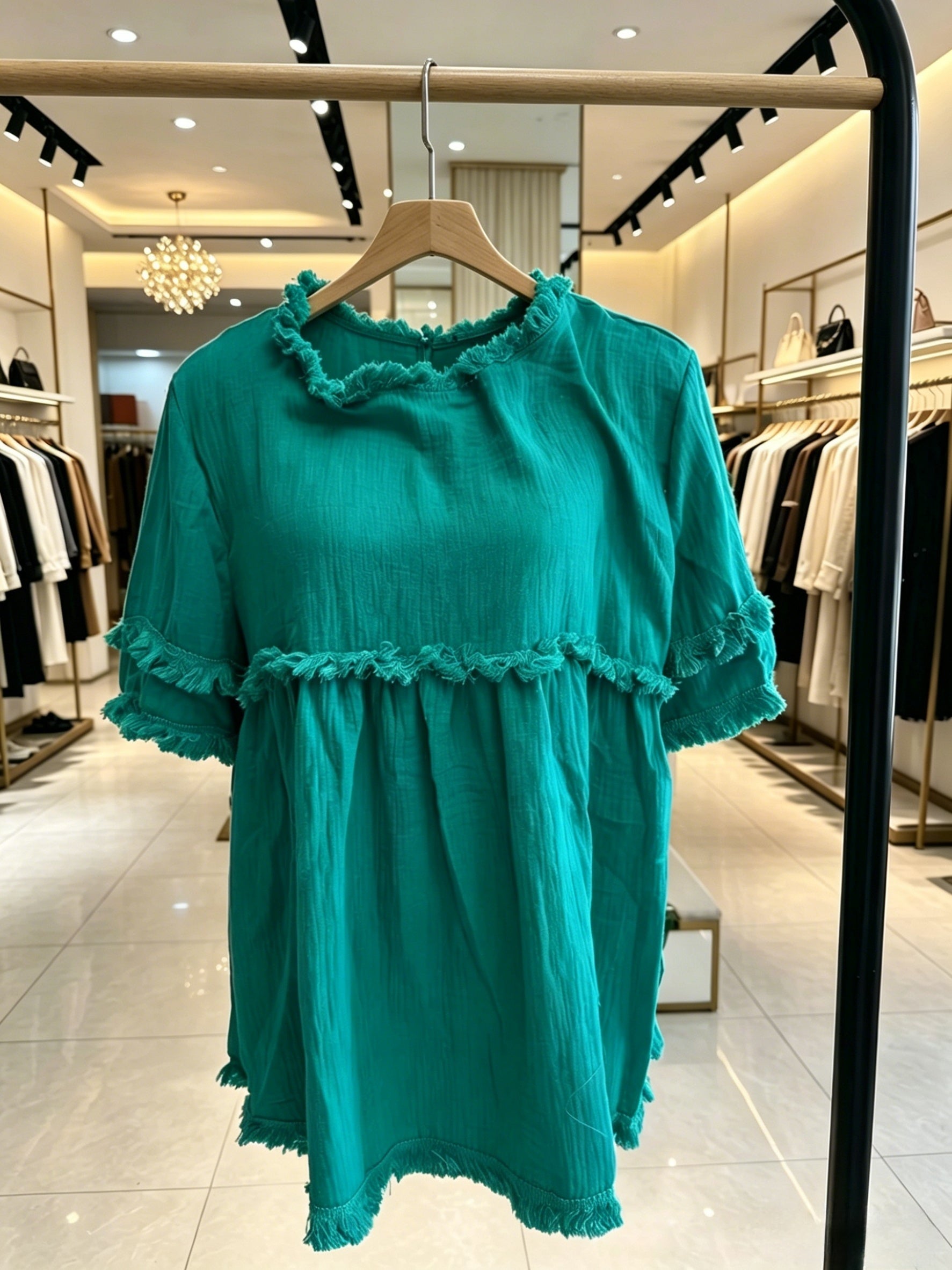 Women's Fringed Trim Short Sleeve Casual Blouse – Soft Knit Crew Neck Top for Summer, Beach & Everyday Wear | Royal Blue, Aquamarine, Sky Blue, Grey, Green (S-XXL)