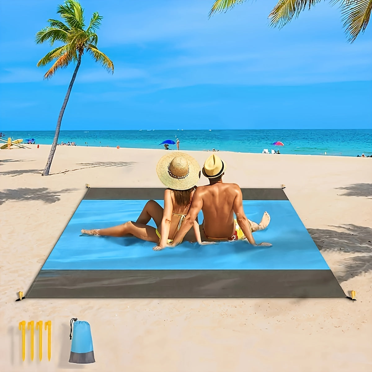 Sandproof Beach Blanket Foldable Mat with 4 Corner Stakes – Lightweight Portable Outdoor Blanket for Beach, Camping, Hiking, Travel & Picnic
