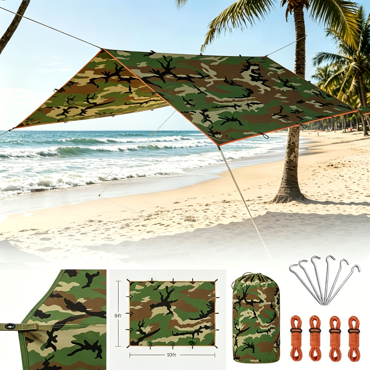 Waterproof Camping Tarp Canopy 4 Person – UV Protection Alloy Poles Portable Foldable Rain Fly Awning for Hiking Backpacking Survival Outdoor, Multiple Colors & Sizes