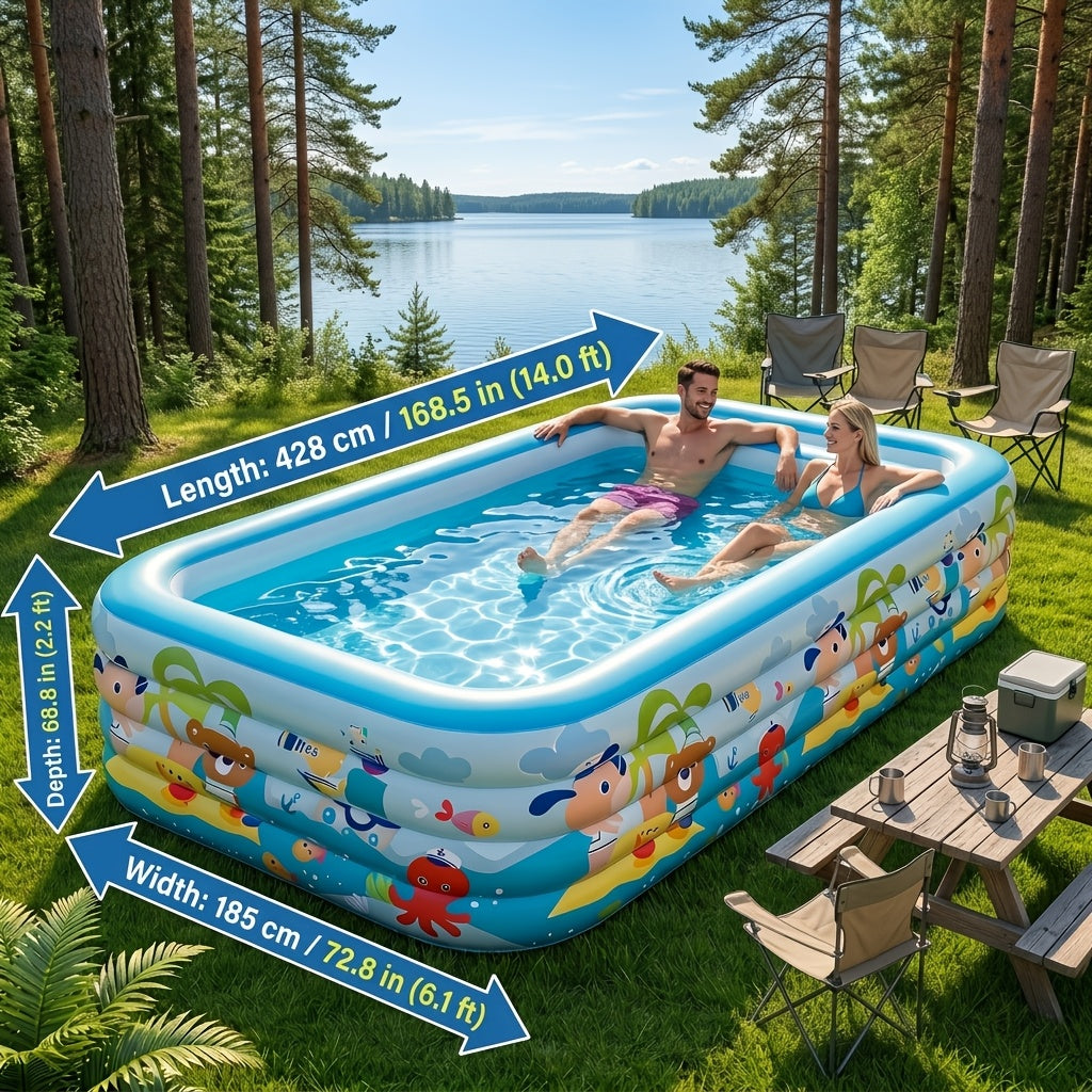 Extra Large Rectangular Inflatable Swimming Pool for Family, Thickened PVC Wear-Resistant Leak-Proof Backyard Pool for 1-6 People, Easy Setup Above Ground Pool for Garden Outdoor Summer Fun