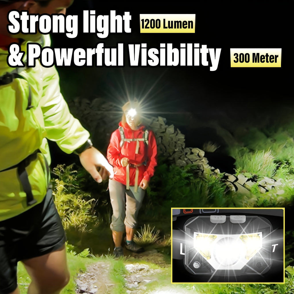 LED Headlamp 1200 Lumen Rechargeable 8 Modes with Red Light Sensor Headlight for Camping Hiking Fishing Cycling Emergency Work Light