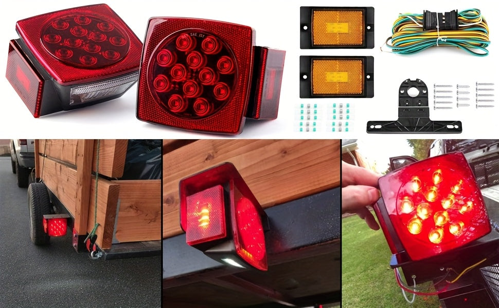 LED Trailer Light Kit 12V Submersible for Boat RV Utility Trailer Under 80 Inch, Complete Trailer Lights with Wire Harness, Amber Side Marker Lights, License Plate Bracket, Corrosion Resistant