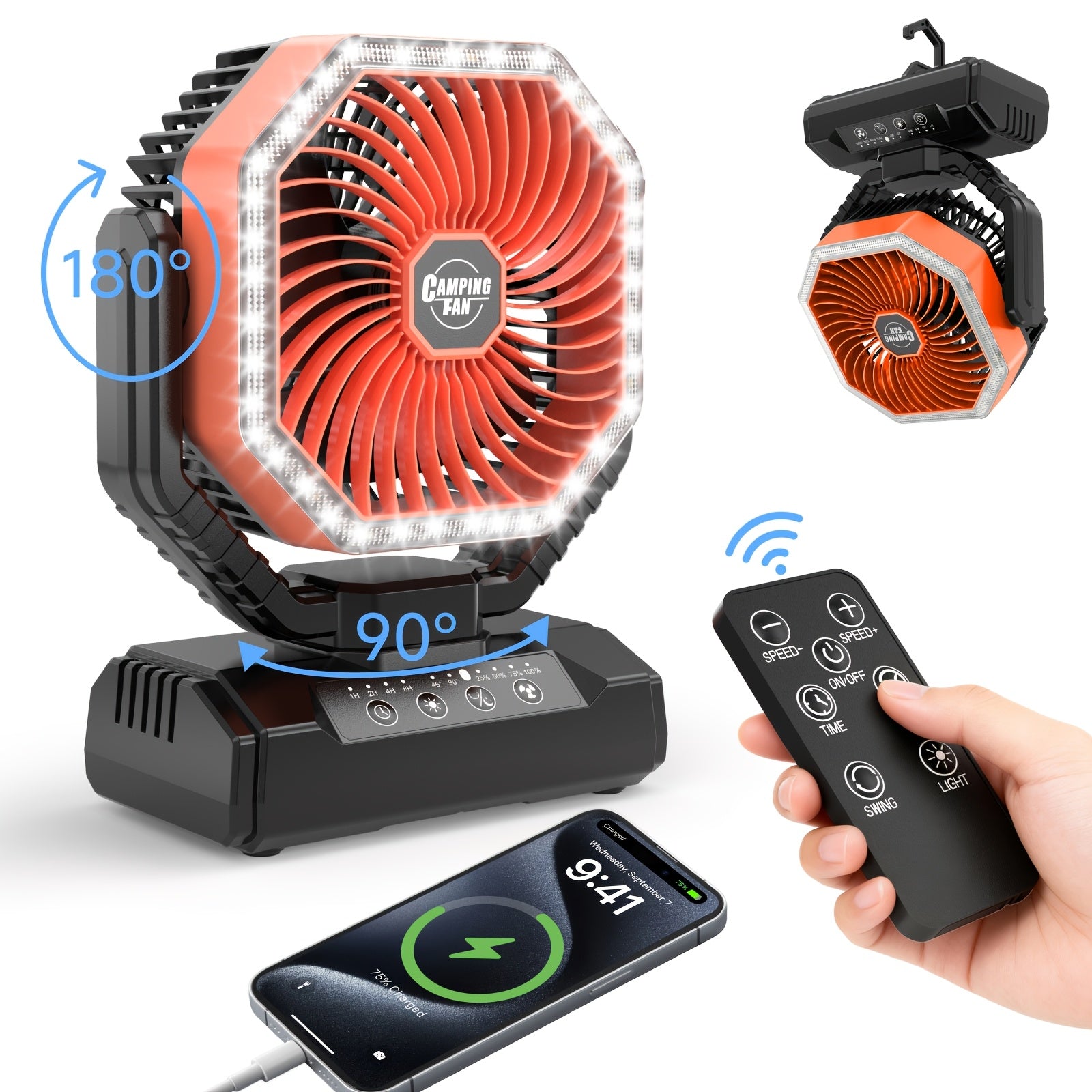 20000mAh Camping Fan with LED Light & Brushless Motor – Portable Outdoor Fan for Camping Hiking Picnic Emergency Use, 4 Speeds, 180° Oscillation, 22-26H Battery Life