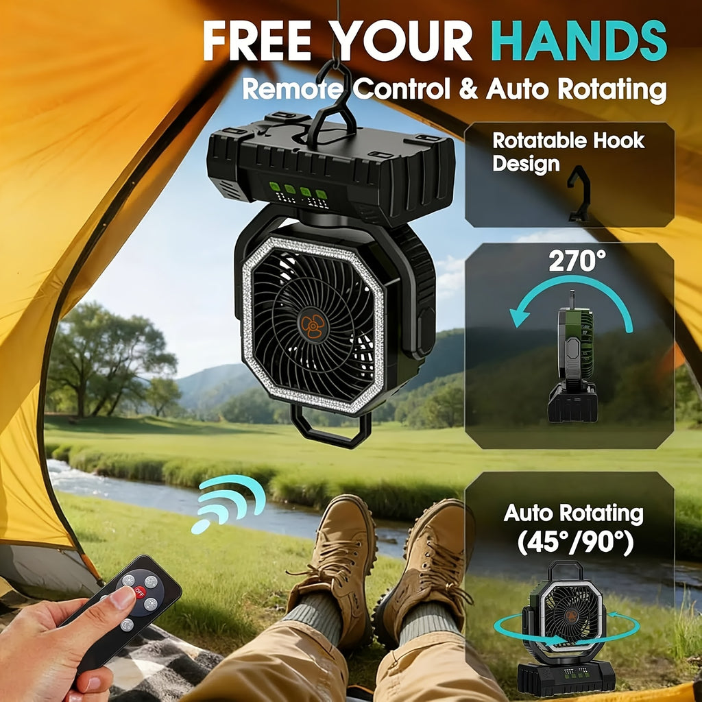Rechargeable Camping Fan 20000mAh 4-Speed with Remote Control LED Light Power Bank – Oscillating Tent Fan with Timer & Hanging Hook for Camping Beach Outdoor – Orange Green Pink