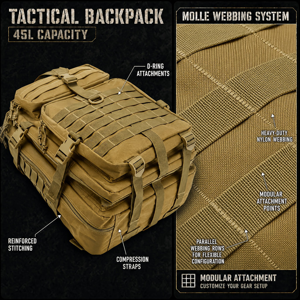 Tactical Backpack 45L MOLLE Rucksack 900D – 17" Laptop Compartment Multi-Pocket Expandable 3-Day Pack for Hiking Camping Traveling – Military Style Daypack Gift for Men Dad
