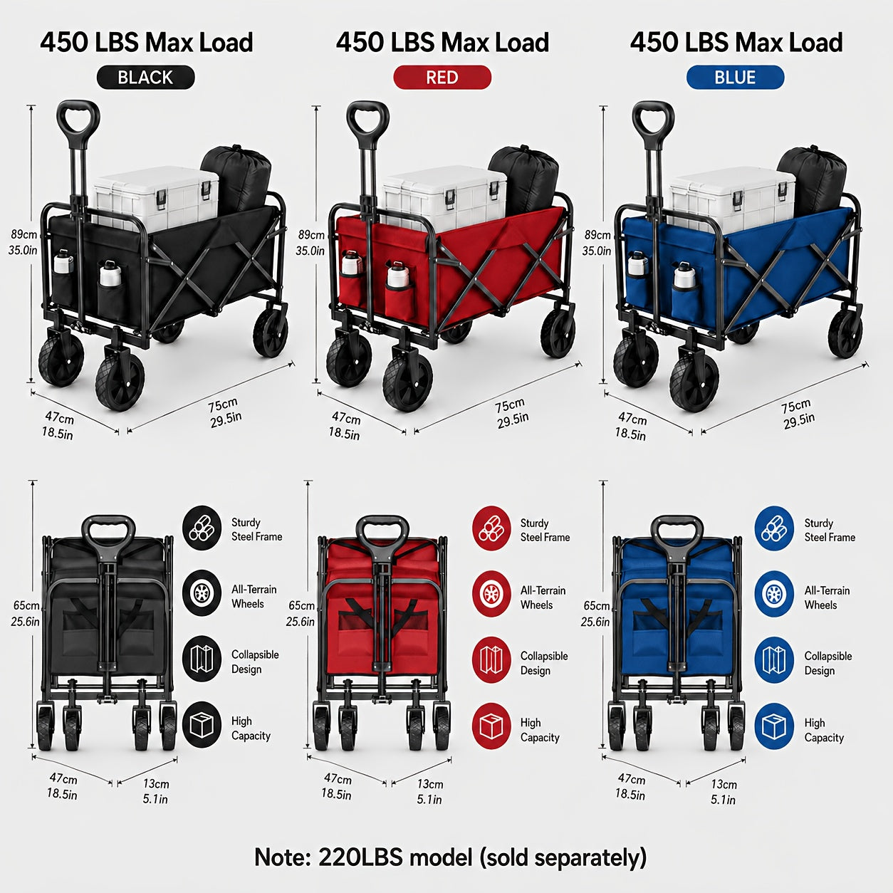 Heavy-Duty All-Terrain Folding Wagon Cart - 220/330/450LBS Capacity, Iron Frame & 800D Oxford Fabric, No Assembly Required for Camping, Beach, Garden & Sports (3 Colors)