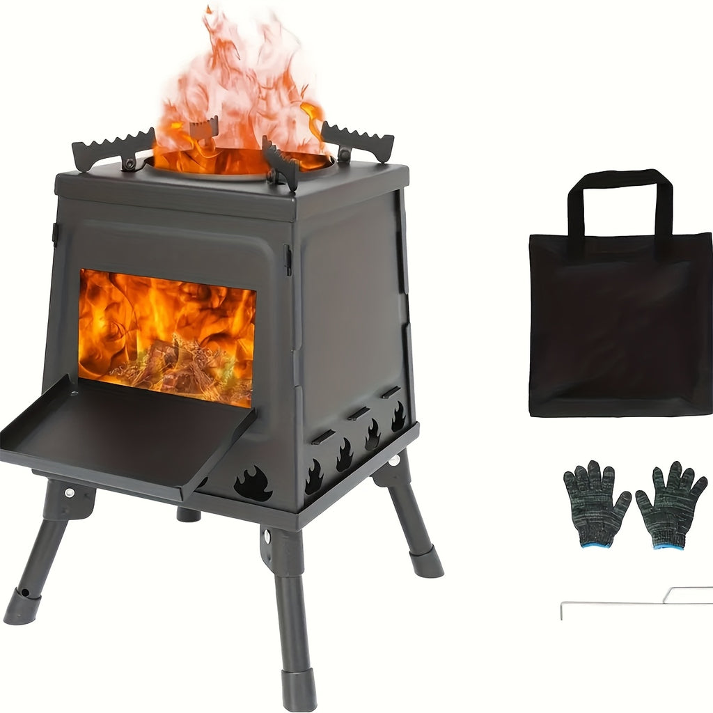 Portable Wood Burning Camp Stove with BBQ Scissors – Compact Folding Camping Stove for Outdoor Hiking Picnic Backpacking Travel, Black