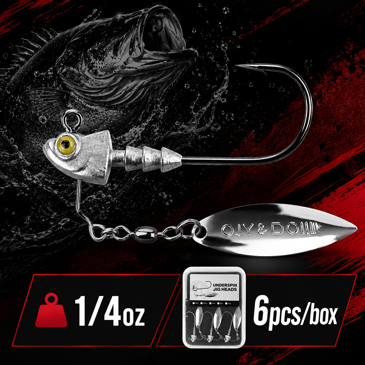 Underspin Jig Heads 6-Pack 100% Brass Blade Never Rust Bass Walleye Saltwater Fishing Lure 3/16oz 1/4oz 3/8oz 1/2oz Silver Swimbait Jig Head Set