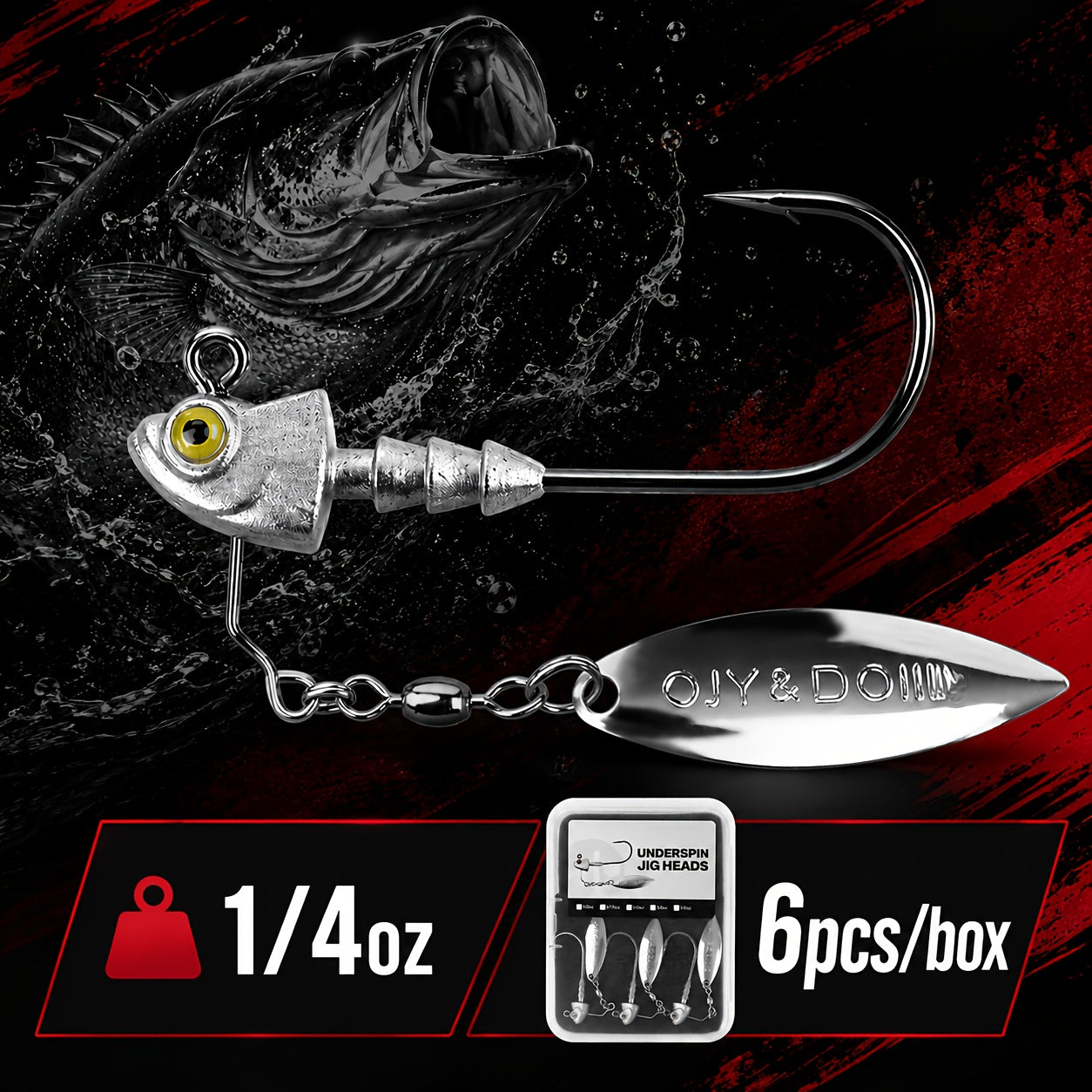 Underspin Jig Heads 6-Pack 100% Brass Blade Never Rust Bass Walleye Saltwater Fishing Lure 3/16oz 1/4oz 3/8oz 1/2oz Silver Swimbait Jig Head Set