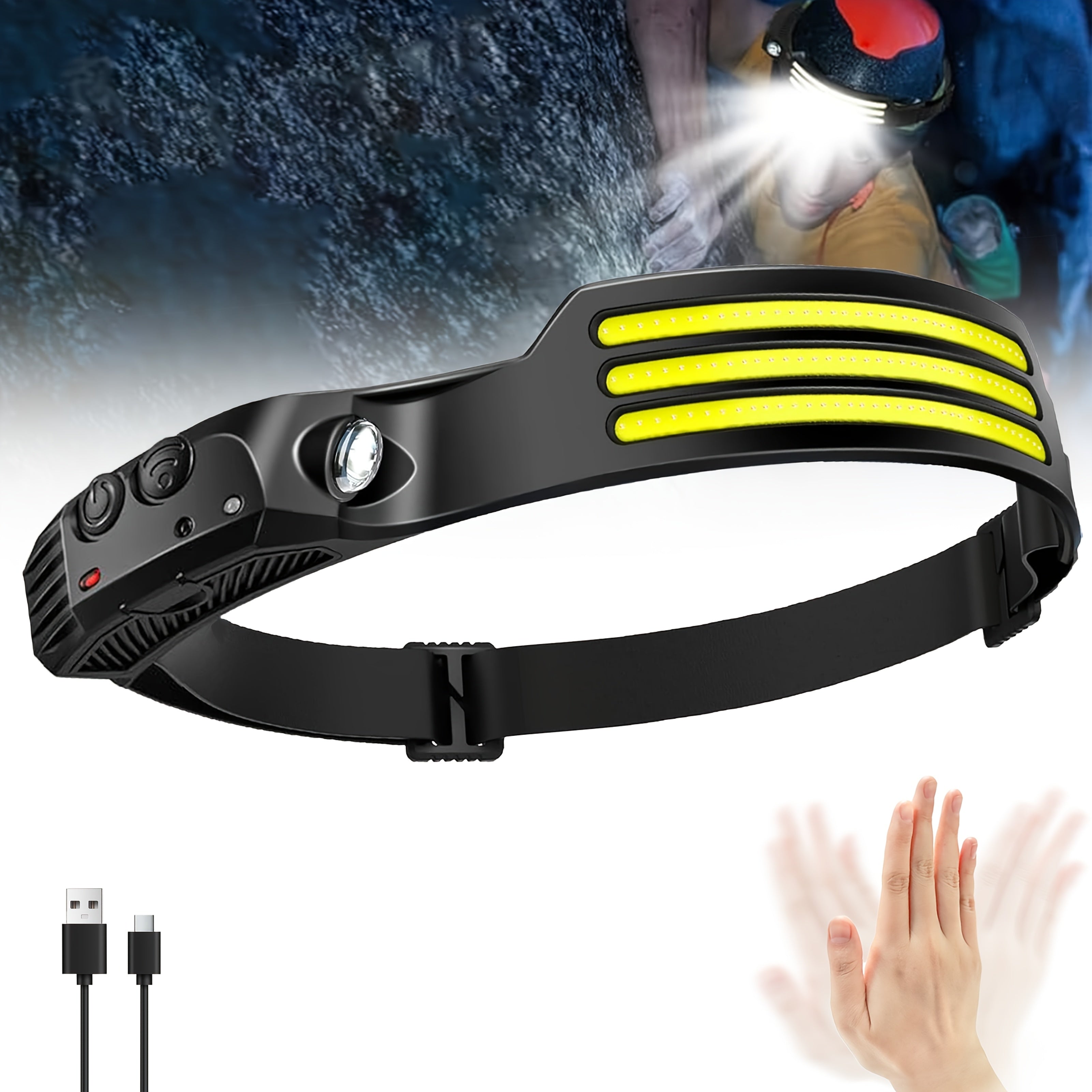 Motion Sensor Headlamp USB Rechargeable – IP54 Waterproof Super Bright LED Head Lamp with 5 Light Modes for Camping, Hiking, Running & Fishing | 1, 2 or 3 Pack