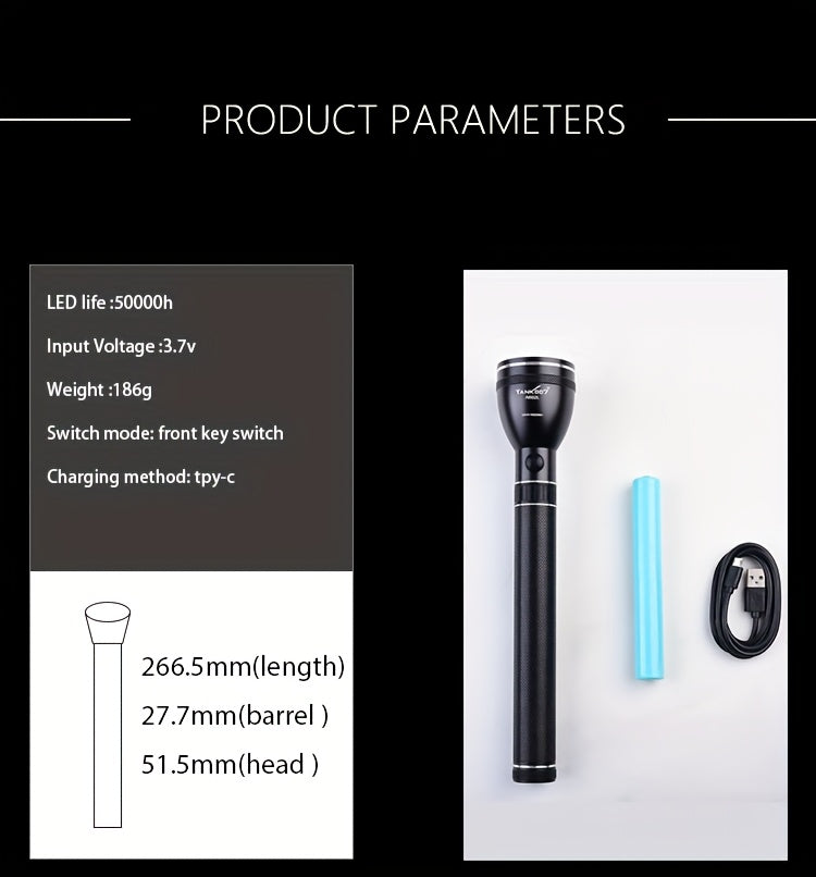 Outdoor Patrol Flashlight Rechargeable – 4000mAh Battery, 3 Adjustable Modes, High Lumen LED, Durable Tactical Torch for Camping, Hiking, Security & Emergency Use