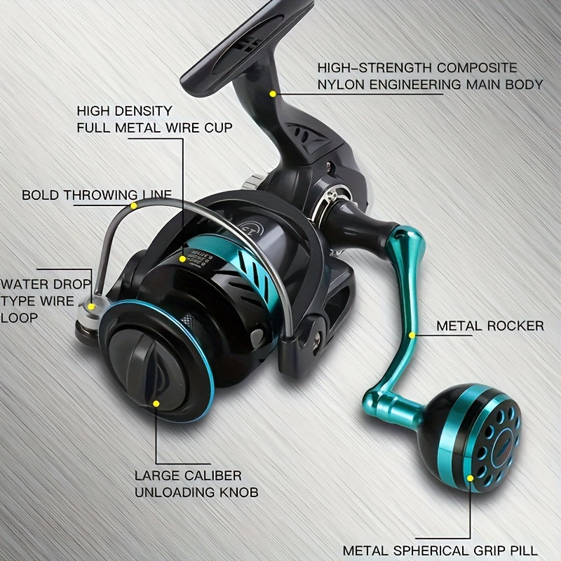 Spinning Fishing Reel with All-Metal Grip Ball – 5.2:1 Gear Ratio, Large Brake Knob, High-Capacity Spool, Models DK1000-DK6000 for Freshwater & Saltwater Fishing