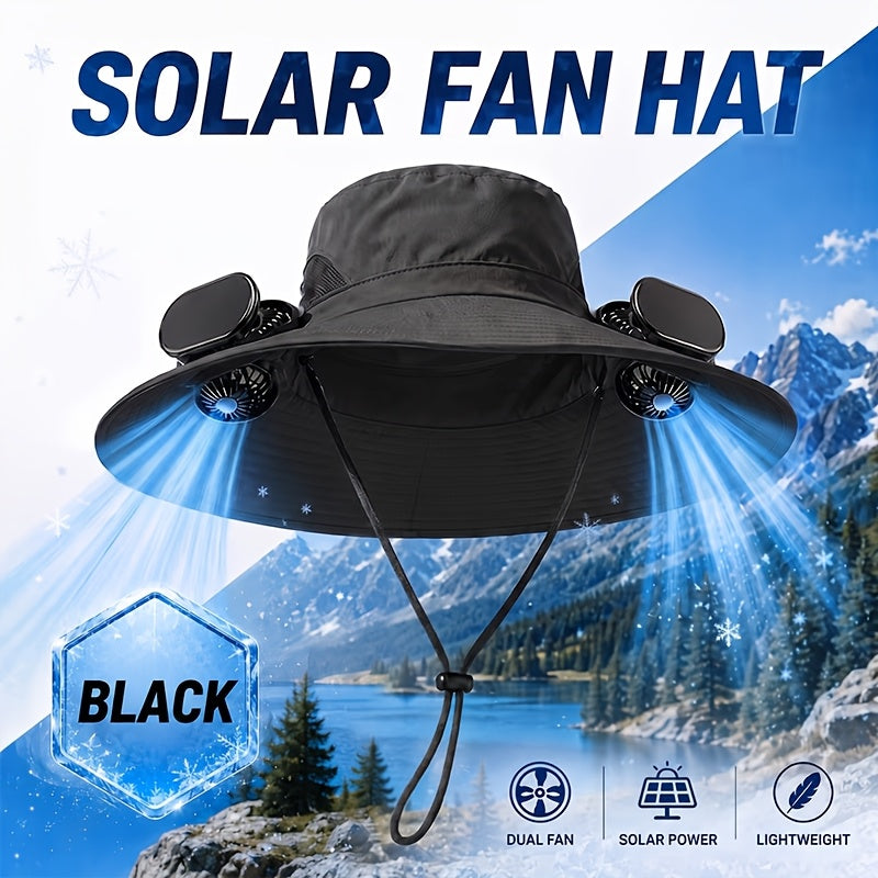 Solar Fan Hat Wide Brim Dual Cooling Fans Men Women Adjustable Airflow UV Protection Hiking Camping Gardening Travel Yard Work Grey Khaki Black Camo