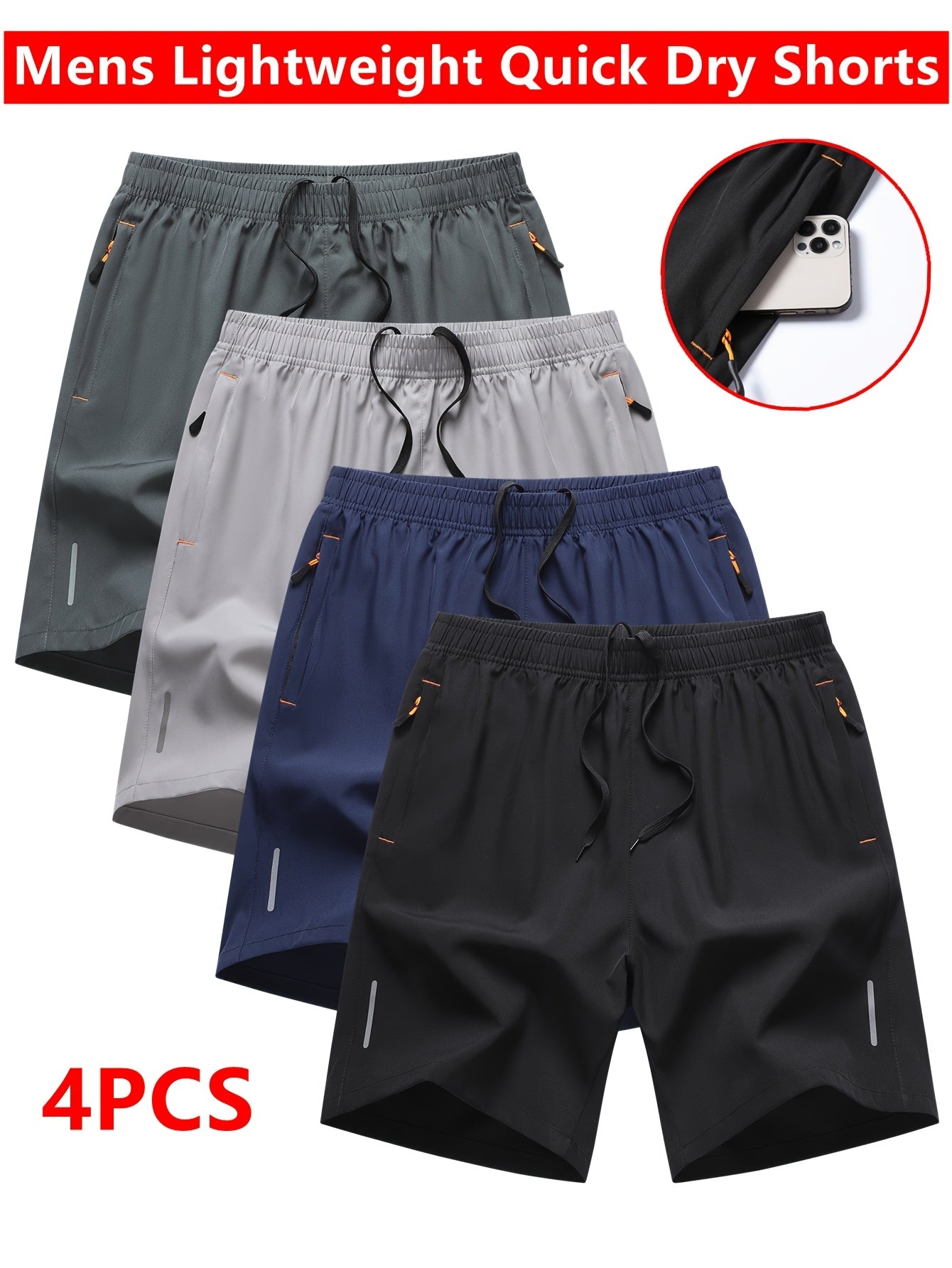 Men's Athletic Shorts 4-Pack – Quick-Dry Breathable Loose Fit Gym Running Shorts with Zipper Pockets Drawstring Waist for Cycling Basketball Tennis Beach Outdoor Sports