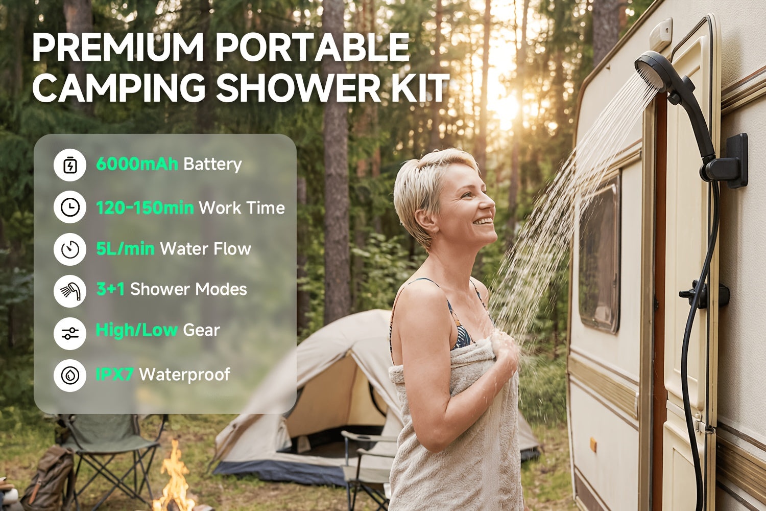 Portable Camping Shower 6000mAh Rechargeable Pump – IPX7 Waterproof, 4 Spray Modes, Outdoor Shower Kit for Camping Hiking Beach Pet Car Washing, Gift for Outdoors Lovers