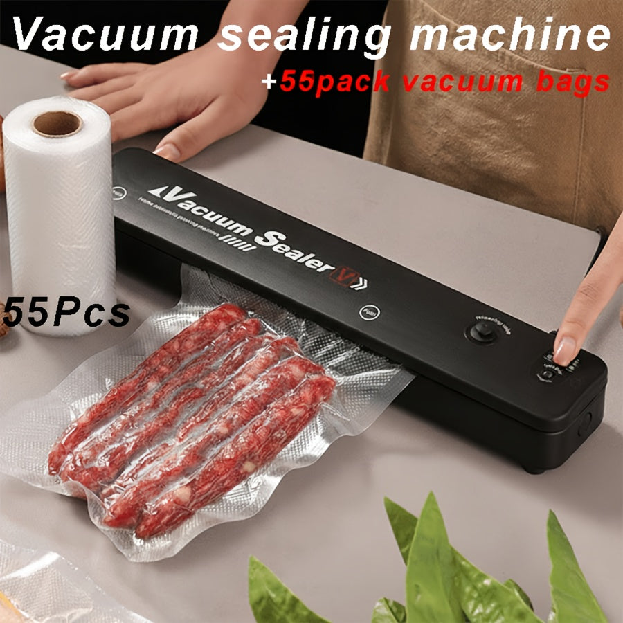Vacuum Sealing Machine Set with 55 Bags - Automatic Food Vacuum Sealer for Food Preservation, Storage & Sous Vide Low-Temperature Cooking | Black or White