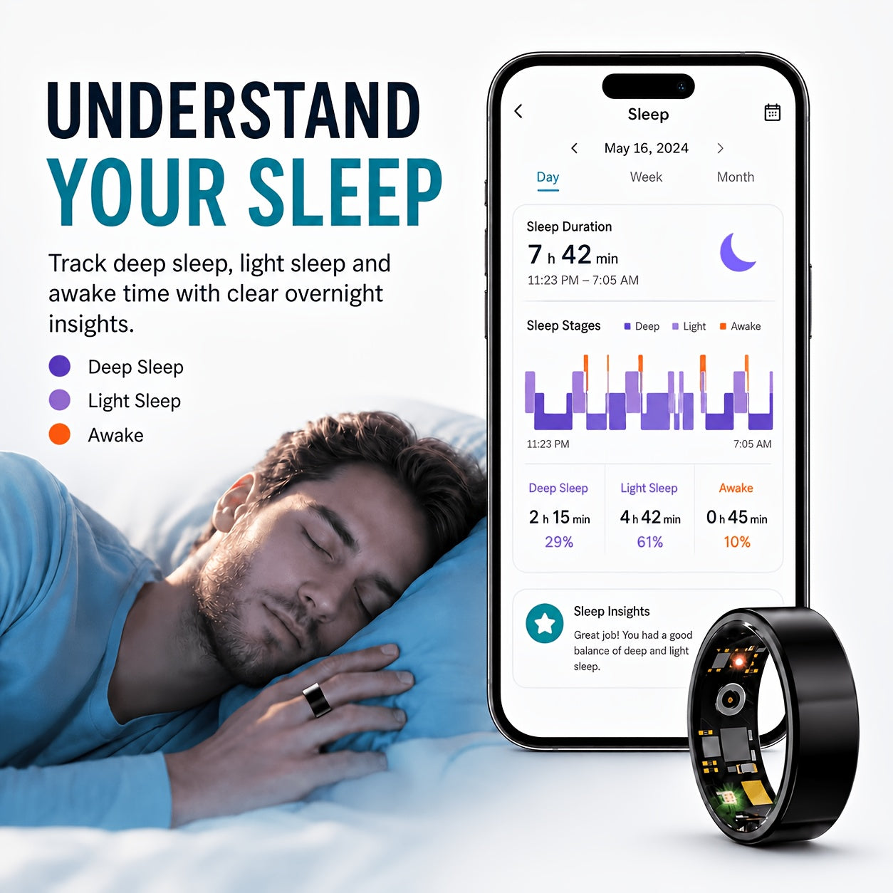 Fitness Tracker Ring Smart Sleep Step Distance Calorie Monitor Remote Camera IP68 Waterproof iOS Android Women Men Black Rose Gold Silver