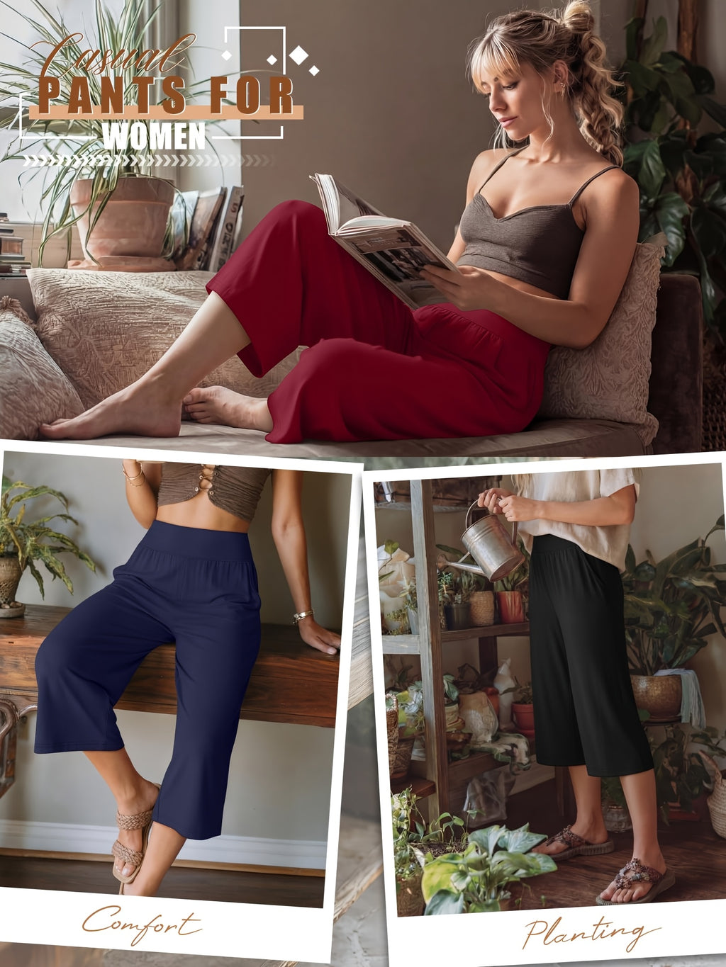 Women's Capri Pants 3 Pack Loose Lounge Joggers Yoga Cropped Sweatpants with Pockets – Elastic Waist Casual Spring Summer Fall
