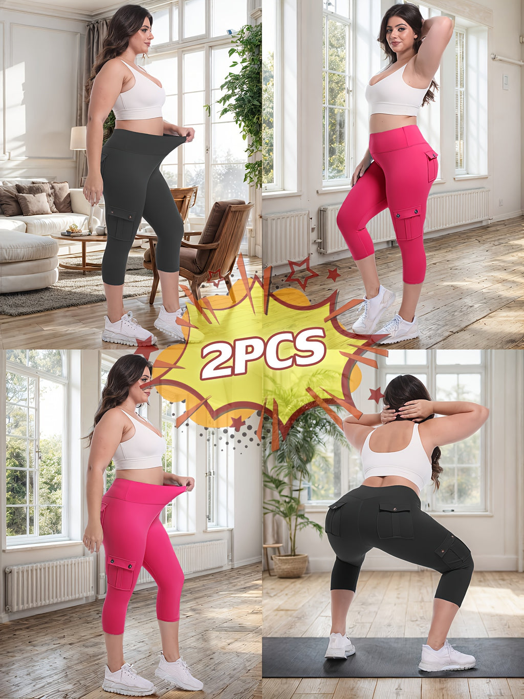 2pcs Capri Leggings Set Women High Waist Butt Lifting Yoga Workout Pants Tummy Control 4-Way Stretch Activewear S-XXL