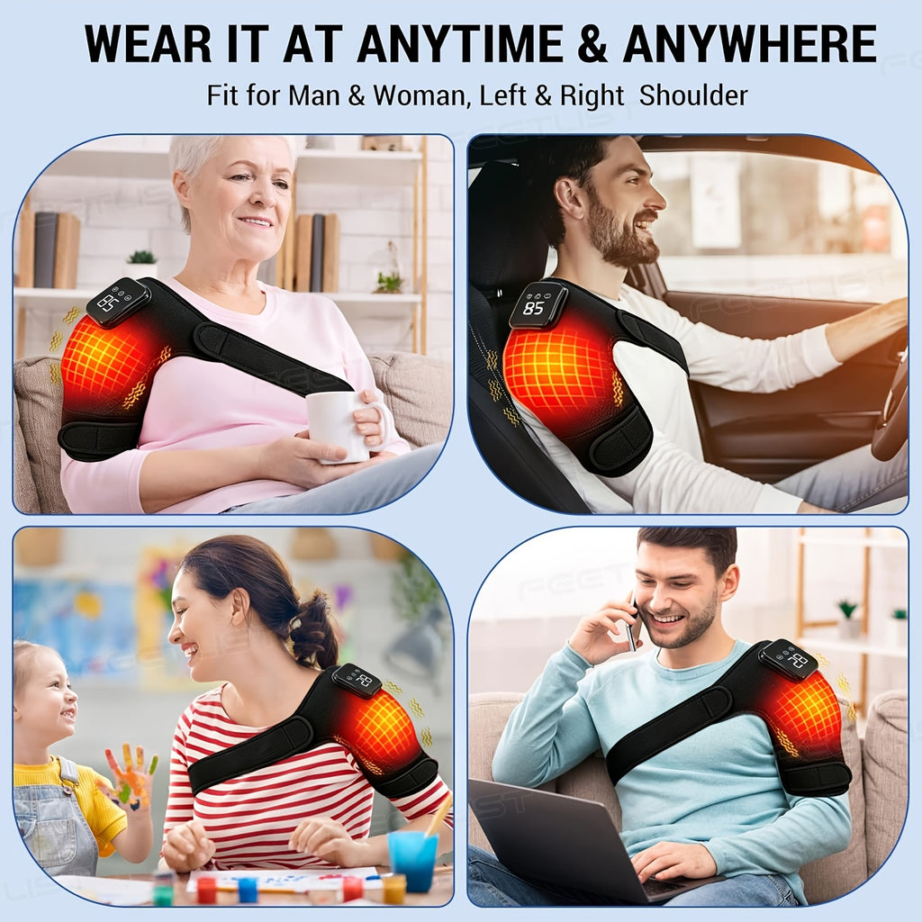 Cordless Heated Shoulder Massager with Vibration - Heating Pad for Shoulder, Elbow & Knee Pain Relief, 3 Heat Levels, 3 Vibration Modes, LED Touch Screen, Gift for Parents & Seniors