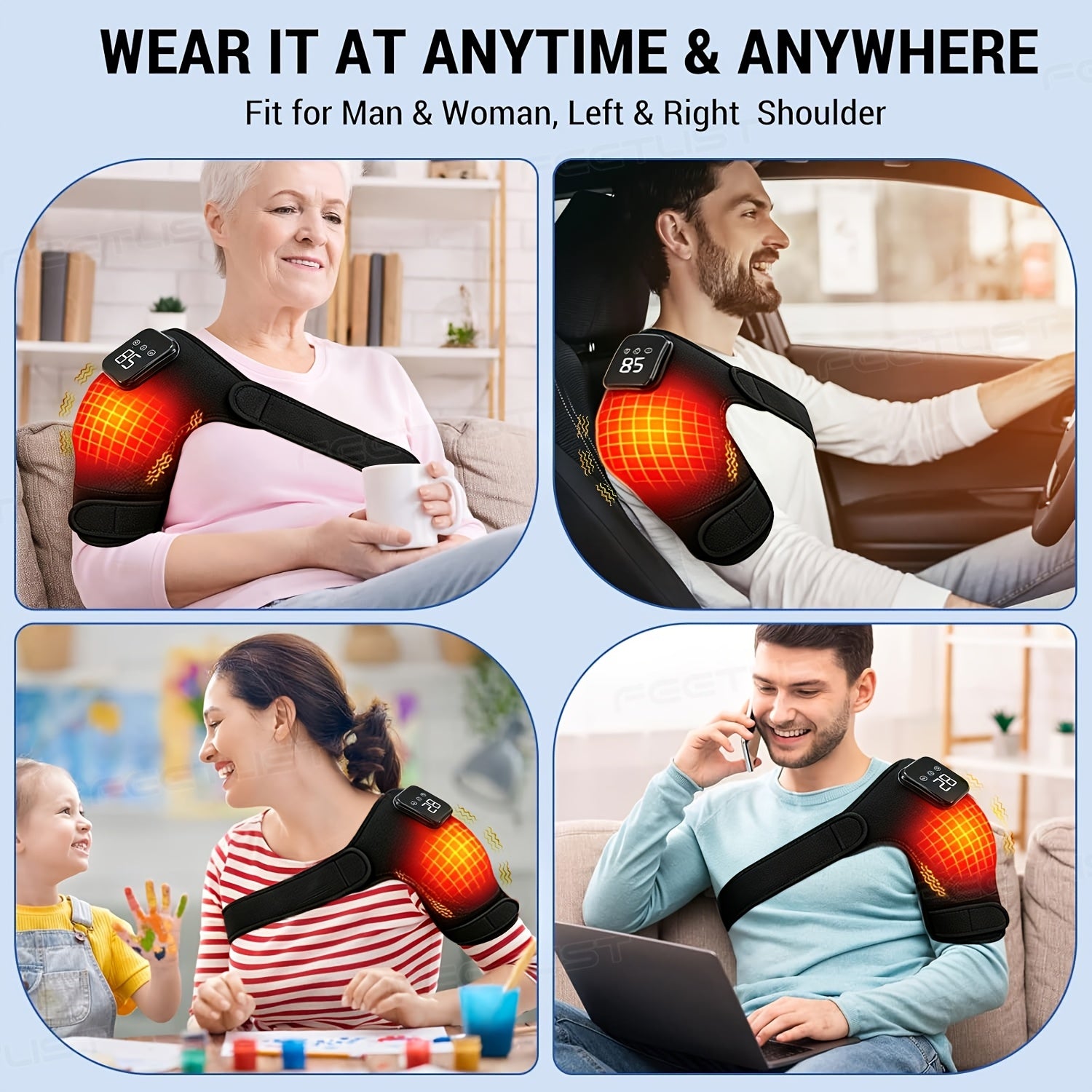 Cordless Heated Shoulder Massager with Vibration - Heating Pad for Shoulder, Elbow & Knee Pain Relief, 3 Heat Levels, 3 Vibration Modes, LED Touch Screen, Gift for Parents & Seniors