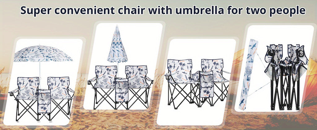 Folding Fishing Chair with Sun Umbrella 2-Seat Portable Outdoor Chair - Iron Alloy Frame Oxford Fabric Beach Patio Camping Chair with Storage Bag - Red Black Grey Blue Coconut Pineapple Pattern