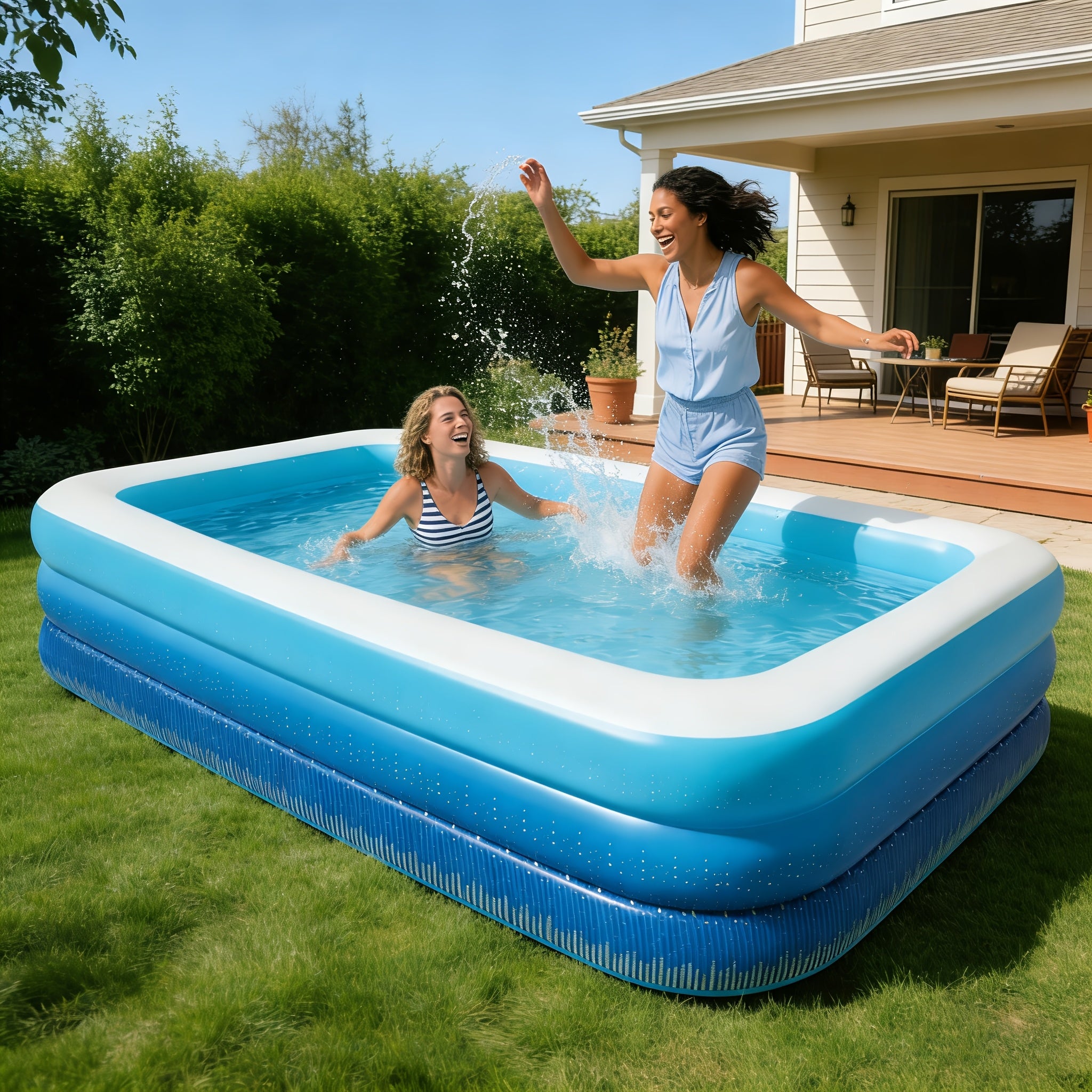 Inflatable Swimming Pool for Adults Thickened 3-4 Layer Foldable Portable Backyard Pool - Above Ground Family Pool for Home Courtyard Outdoor - Navy Blue Sea Blue 70-125 Inch