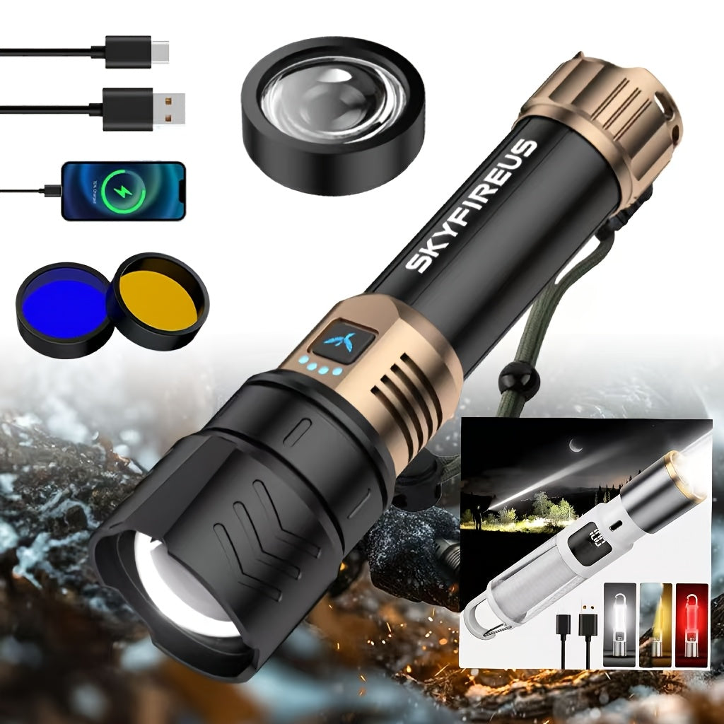 LED Tactical Flashlight High Lumen Rechargeable Zoomable 4 Modes – Super Bright Camping Cycling & Emergency Light with Zoom Lens Black Copper Black Gold