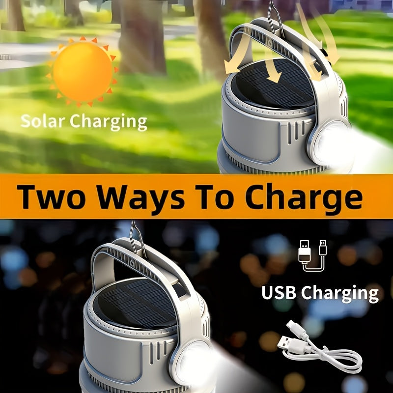 Solar Camping Lantern 6 Modes LED Rechargeable with USB Power Bank, Portable Outdoor Camp Light with Hook SOS Strobe Type-C Charge for Tent Hiking Mountaineering Emergency Preparedness