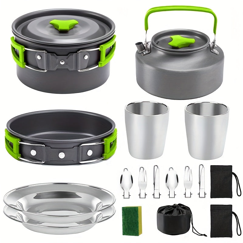Portable Camping Cookware Set for 2-3 People - Pot Frying Pan Kettle with Cutlery - Foldable Space-Saving Outdoor Cooking Kit for Camping Hiking Backpacking - Lightweight Camp Kitchen Set