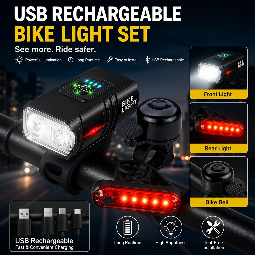 Bicycle Light Set USB Rechargeable – LED Headlight 6 Modes 180° + Taillight + Bell for Night Road Mountain Cycling Safety