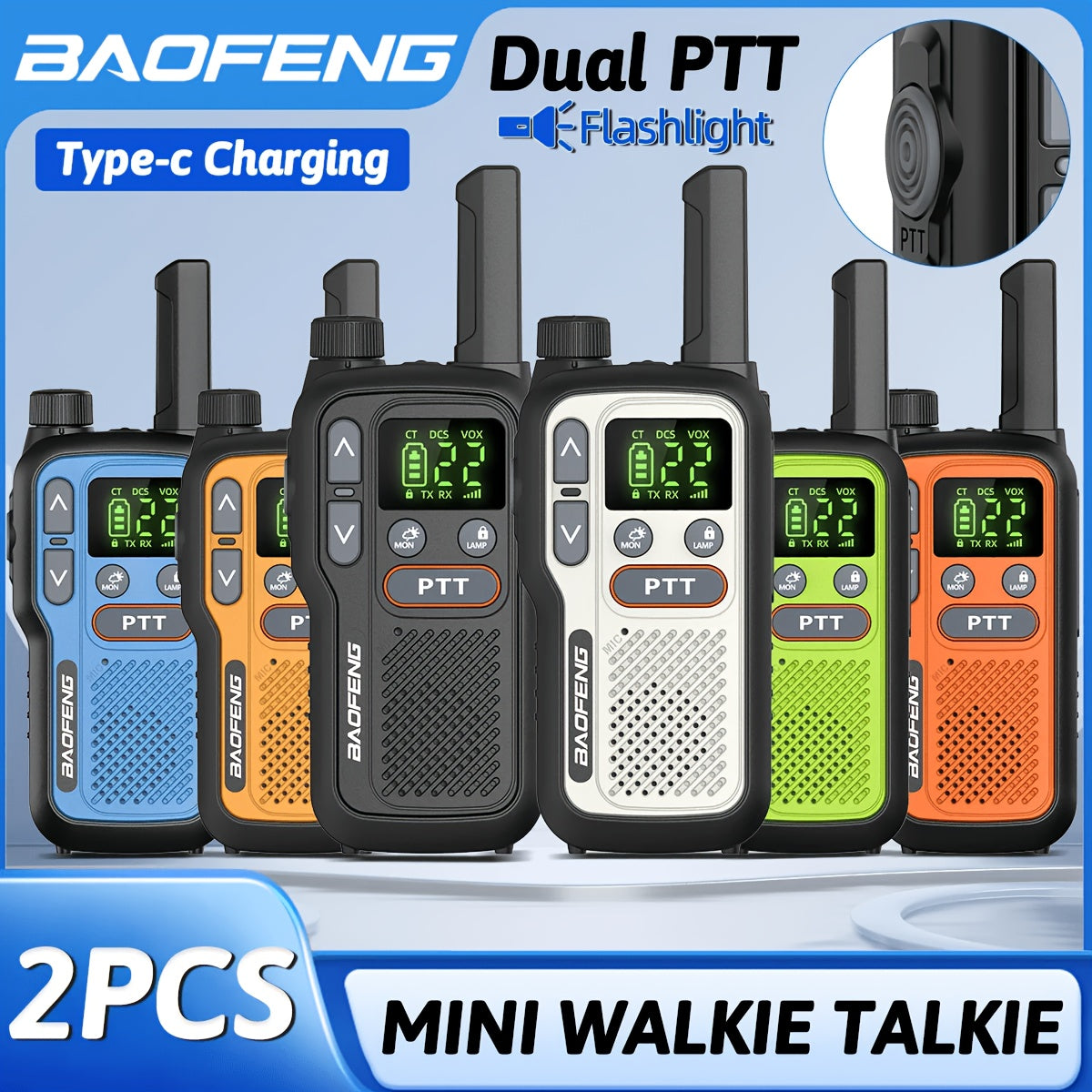 Long Range Walkie Talkies for Adults BF-T18 FRS Two Way Radio Rechargeable 1500mAh USB-C NOAA VOX LED Flashlight Hiking Camping