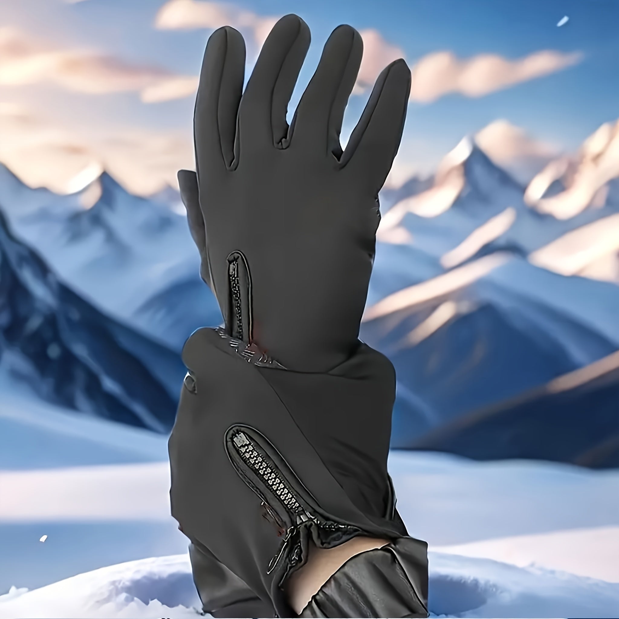 Winter Thermal Gloves Touchscreen Windproof – Fleece-Lined Zipper Closure, Soft Polyamide Knit for Hiking, Skiing & Outdoor Activities | Unisex Black | M–XL