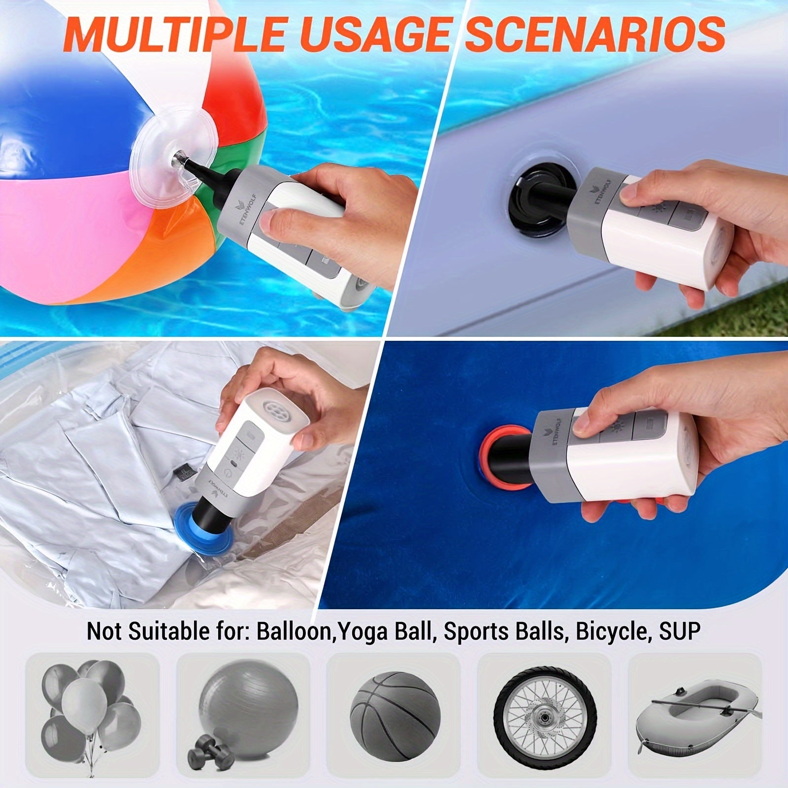 Portable Electric Air Pump 3200mAh Fast Inflation Deflation for Air Mattress Pool Floats Swimming Rings Camping Outdoor Lightweight Backpack Attachment